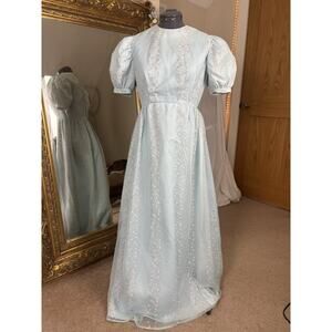 Vintage Handmade Prairie Dress Cottage Core Puff Sleeves 70s Dotted Swiss Blue